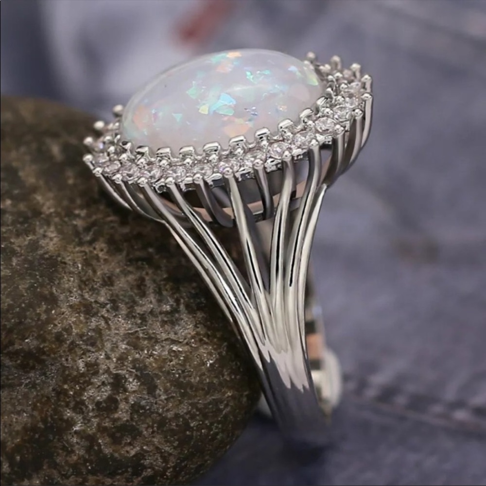 NEW Women’s 925 Silver White Opal Diamond Ring - Picture 2 of 4